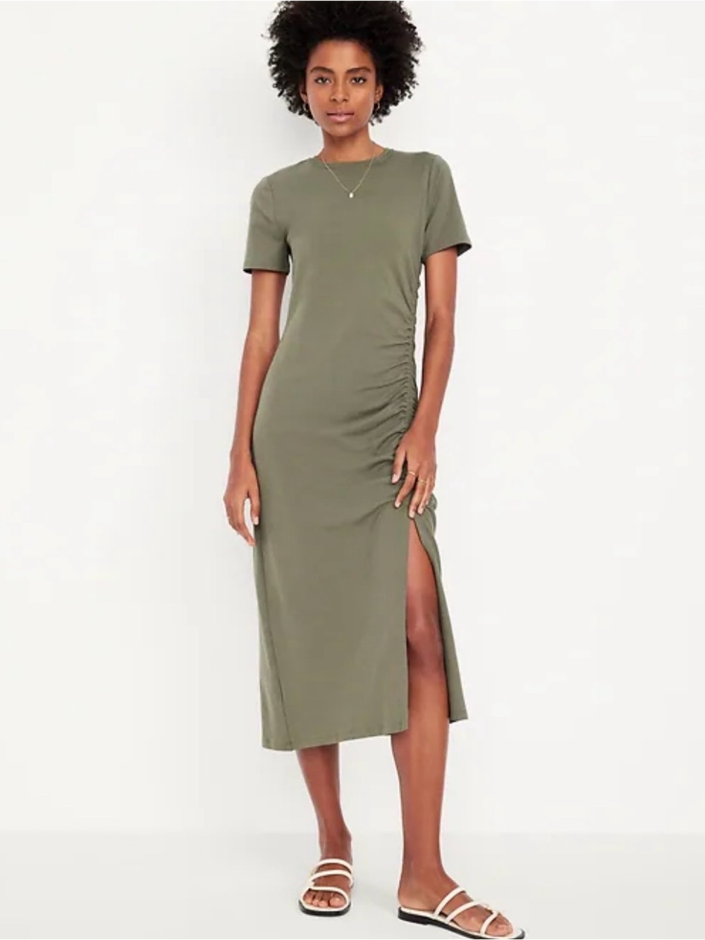 NEW Old Navy Short Sleeve Cotton Ruched Green Midi T-shirt Dress